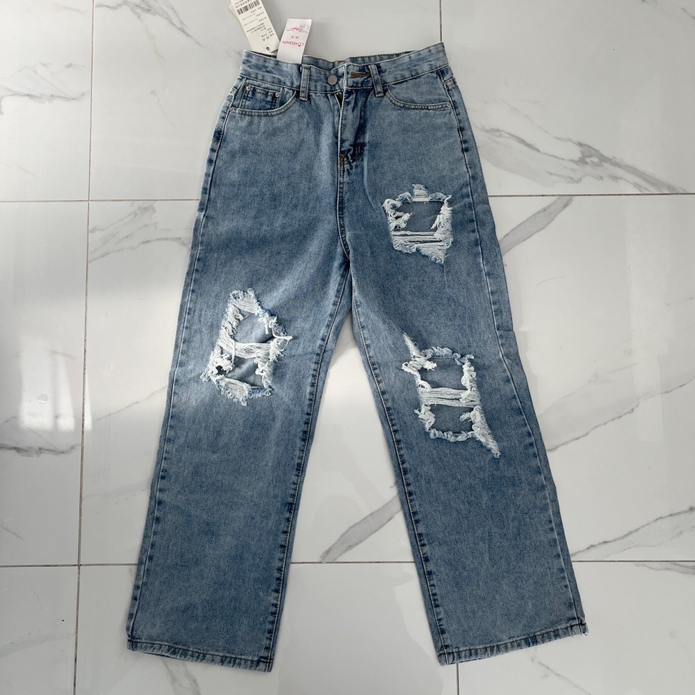 yesstyle -  blue high waist baggy ripped jeans